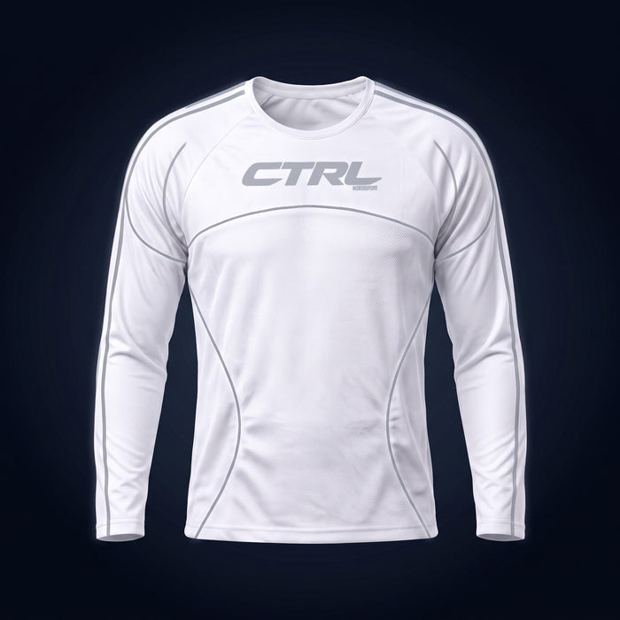 White CTRL Men's Jersey Long Sleeve, front, under camera flash at night, the reflective lines and logo shine silver