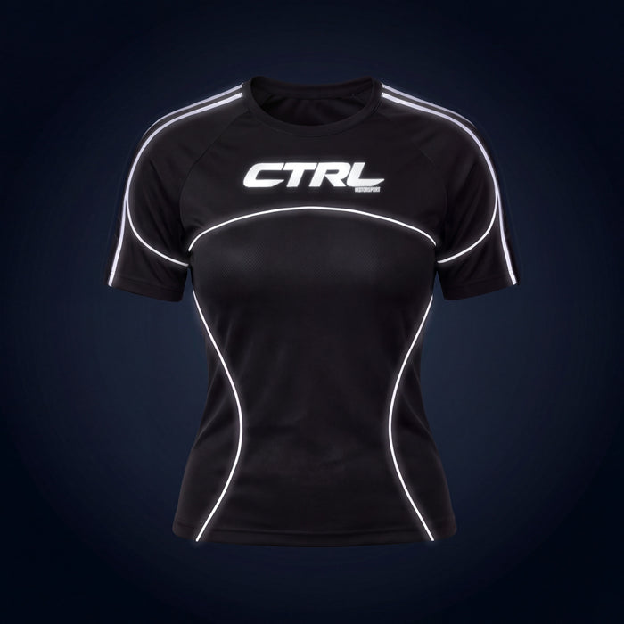 Black CTRL Women's Jersey Short Sleeve, front, under camera flash at night, the reflective lines and logo light up
