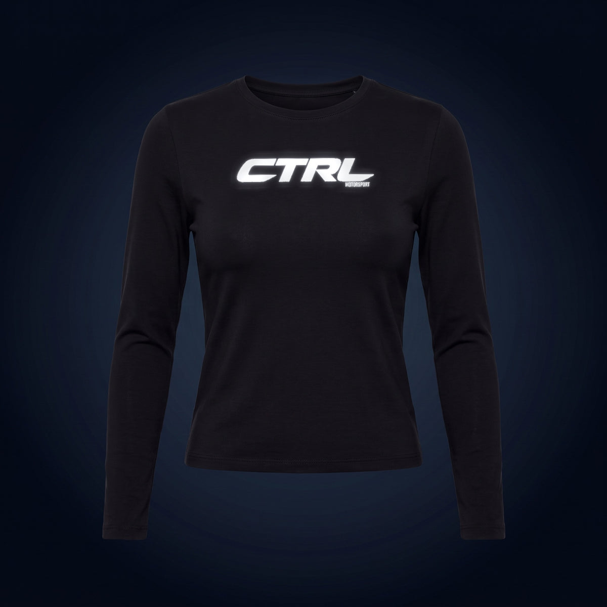 Black CTRL Baby Tee Long Sleeve, front, under camera flash at night, the CTRL logo lights up