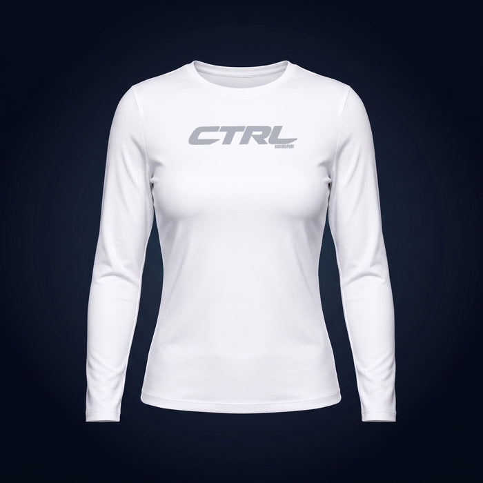 White CTRL Baby Tee Long Sleeve, front, under camera flash at night, the CTRL logo shines silver