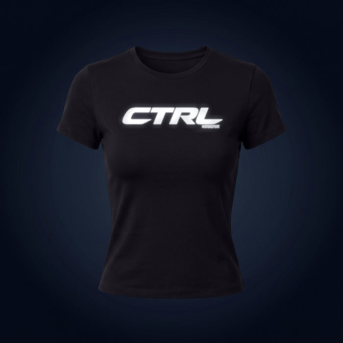 Black CTRL Baby Tee Short Sleeve, front, under camera flash at night, the CTRL logo lights up