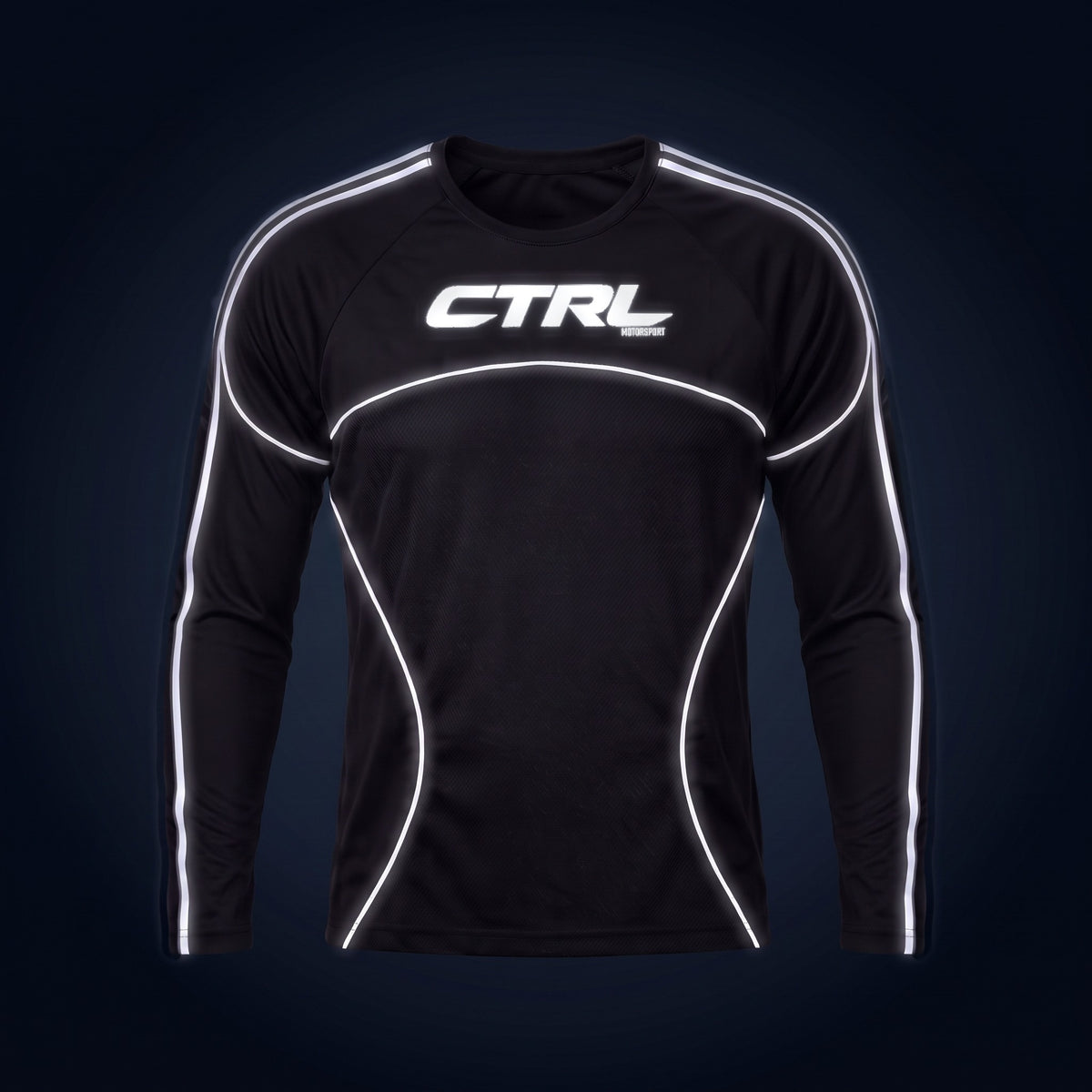 Black CTRL Men's Jersey Long Sleeve, front, under camera flash at night, the reflective lines and logo light up