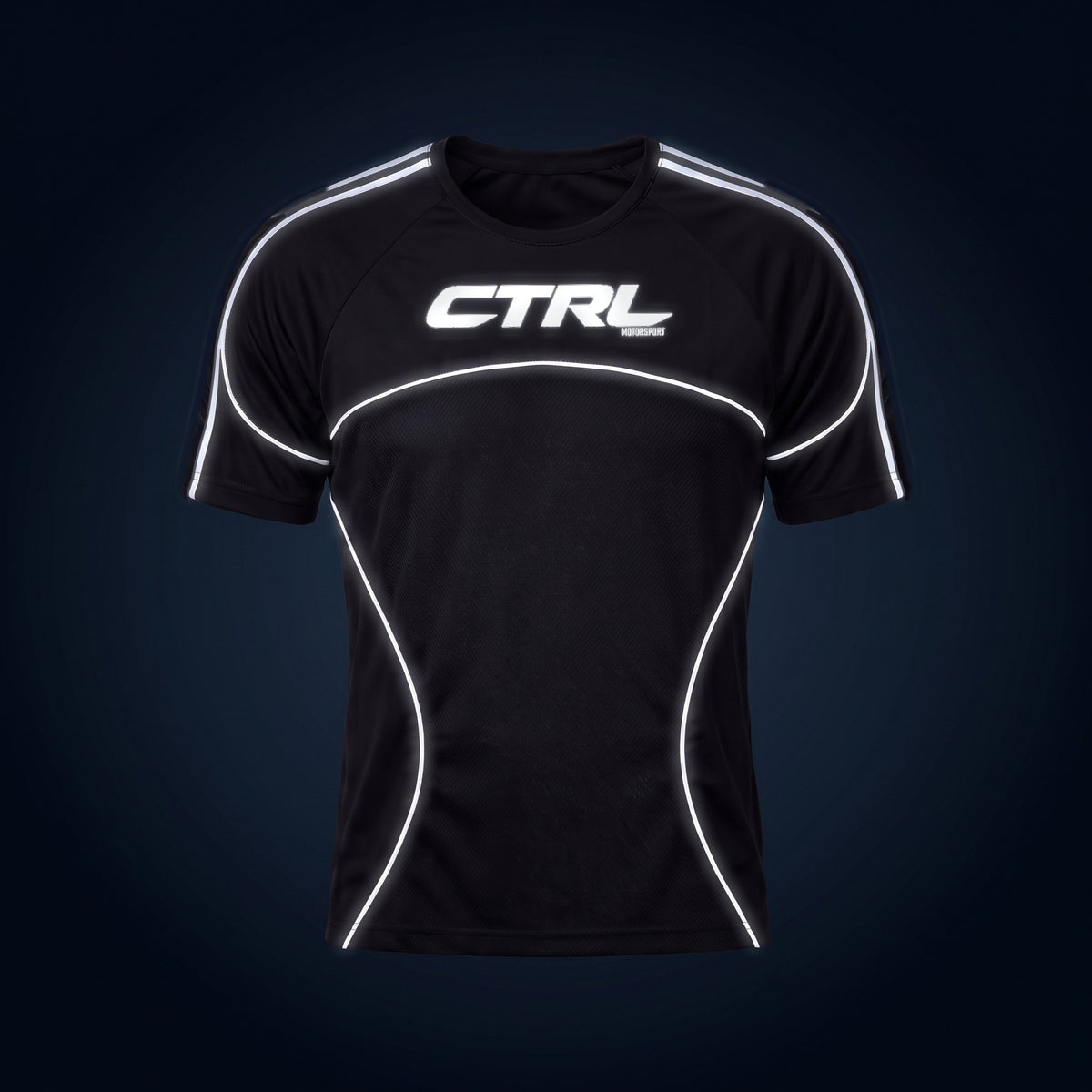 Black CTRL Men's Jersey Short Sleeve, front, under camera flash at night, the reflective lines and logo light up