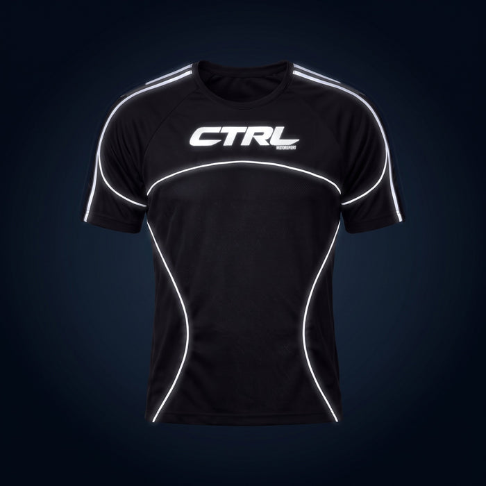 Black CTRL Men's Jersey Short Sleeve, front, under camera flash at night, the reflective lines and logo light up