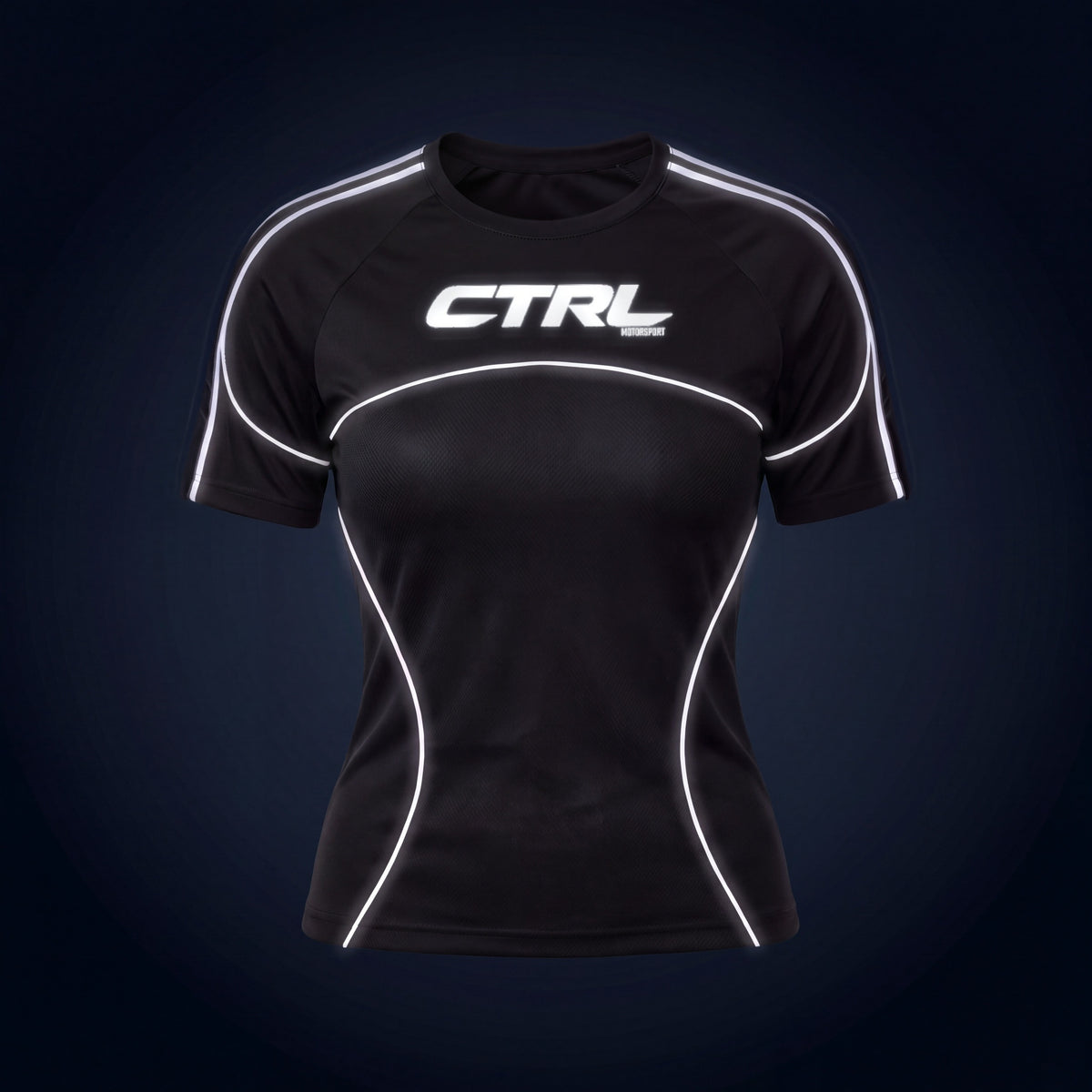 Black CTRL Women's Jersey Short Sleeve, front, under camera flash at night, the reflective lines and logo light up